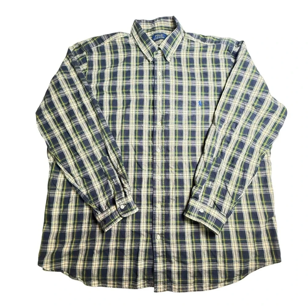 Polo Ralph Lauren Mens 3XB Plaid Button Down Shirt Navy Green Yellow Cotton